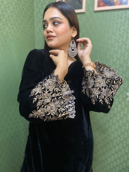 Black Velvet Party Wear Co-ord Set with Zari Thread Work #1746