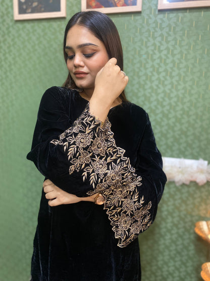 Black Velvet Party Wear Co-ord Set with Zari Thread Work #1746