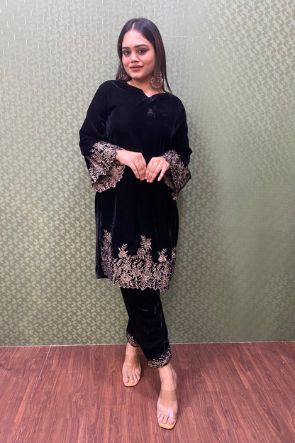 Black Velvet Party Wear Co-ord Set with Zari Thread Work #1746