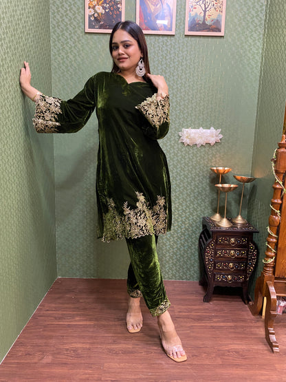 Green Velvet Party Wear Co-ord Set with Zari Thread Work #1745