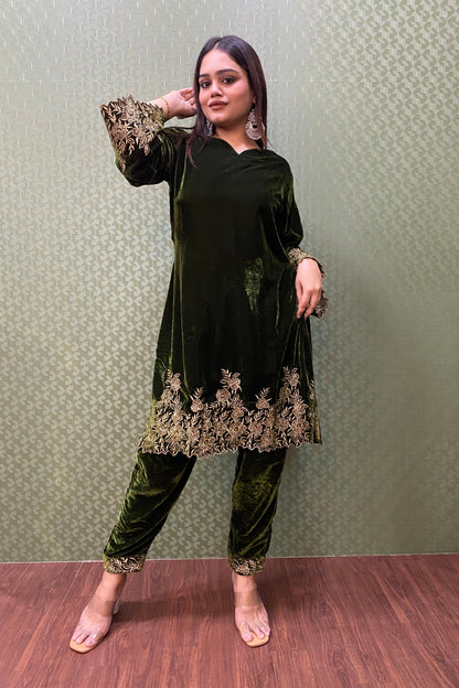 Green Velvet Party Wear Co-ord Set with Zari Thread Work #1745