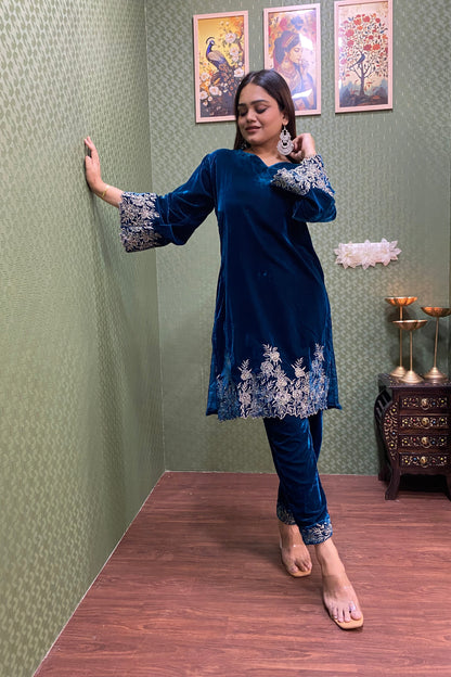 Blue Velvet Party Wear Co-ord Set with Zari Thread Work #1748