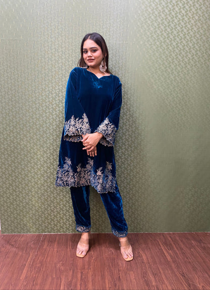 Blue Velvet Party Wear Co-ord Set with Zari Thread Work #1748