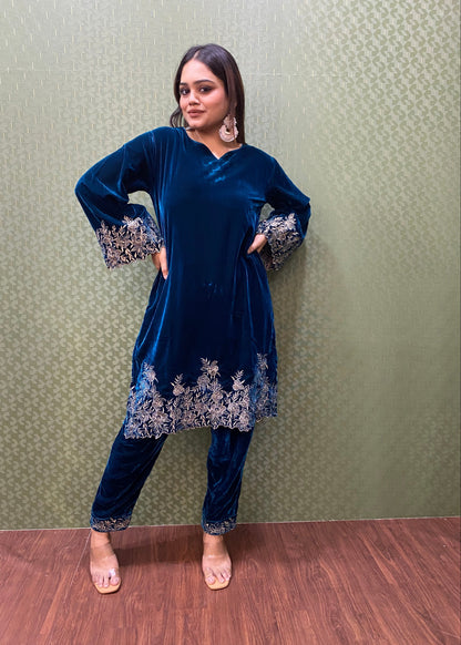 Blue Velvet Party Wear Co-ord Set with Zari Thread Work #1748