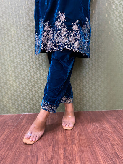 Blue Velvet Party Wear Co-ord Set with Zari Thread Work #1748