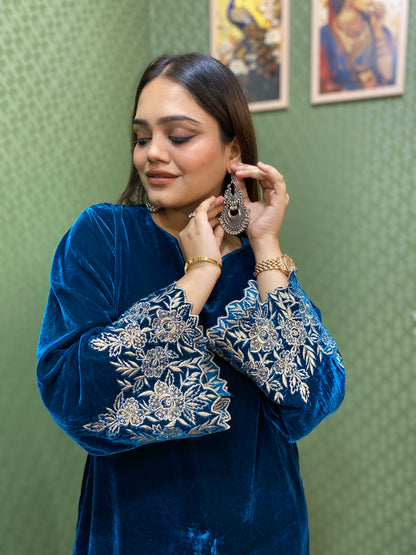 Blue Velvet Party Wear Co-ord Set with Zari Thread Work #1748