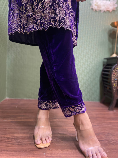 Purple Velvet Party Wear Co-ord Set with Zari Thread Work #1747