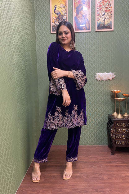 Purple Velvet Party Wear Co-ord Set with Zari Thread Work #1747