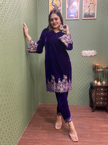 Purple Velvet Party Wear Co-ord Set with Zari Thread Work #1747