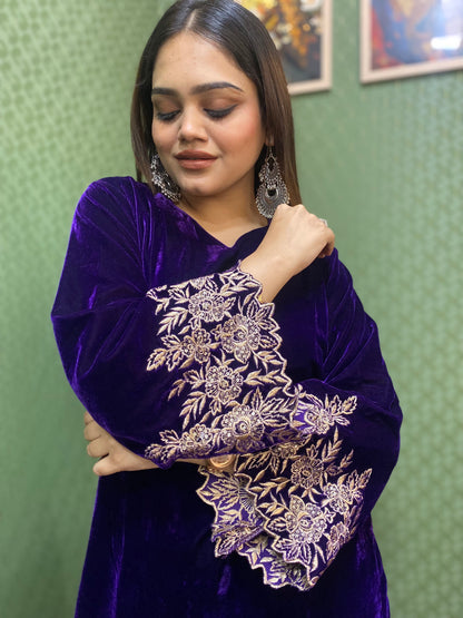 Purple Velvet Party Wear Co-ord Set with Zari Thread Work #1747
