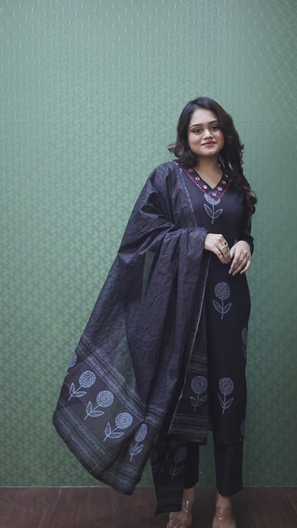Black Pure Cotton Floral Suit Set #1755