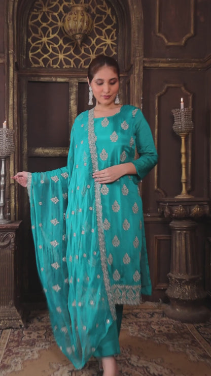 Green Chinon Suit Set with Zari & Sequin Elegance #1677