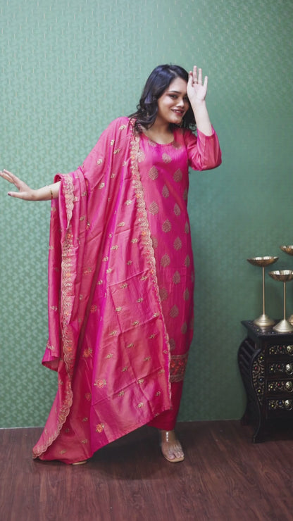 Pink Elegant Tissue Suit Set with Thread & Sequence Work #1640