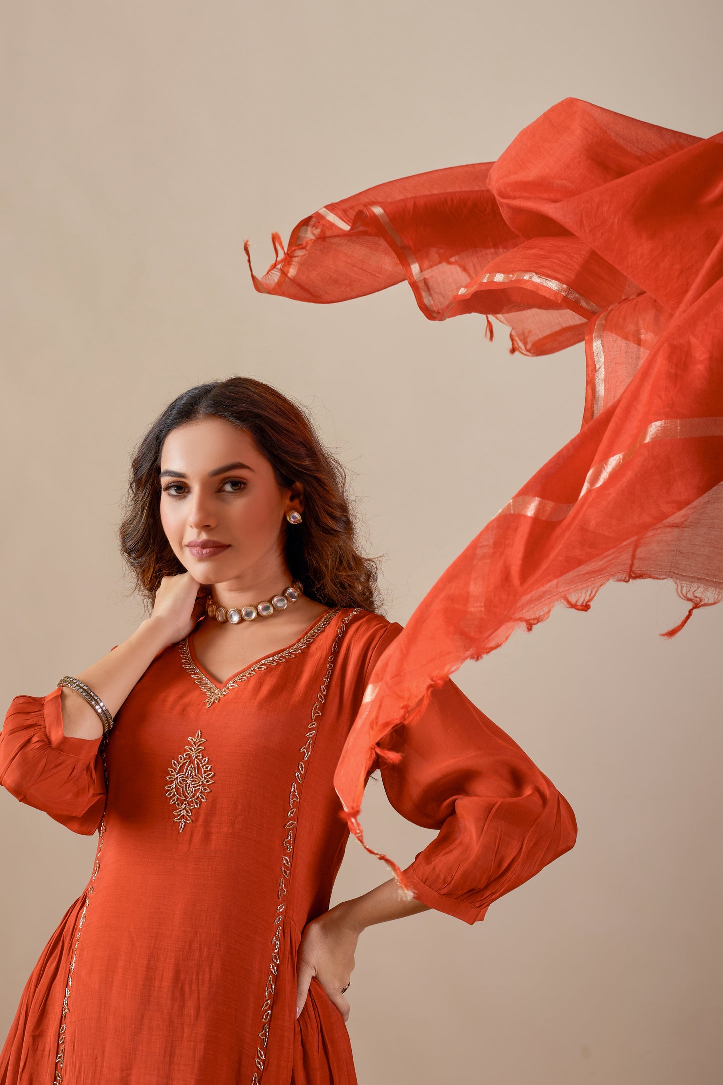 Rust Mul Chanderi Anarkali Suit with Hand Embroidery #1907