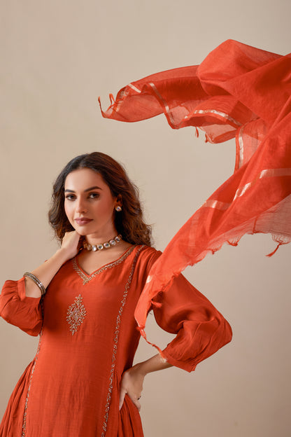 Rust Mul Chanderi Anarkali Suit with Hand Embroidery #1907