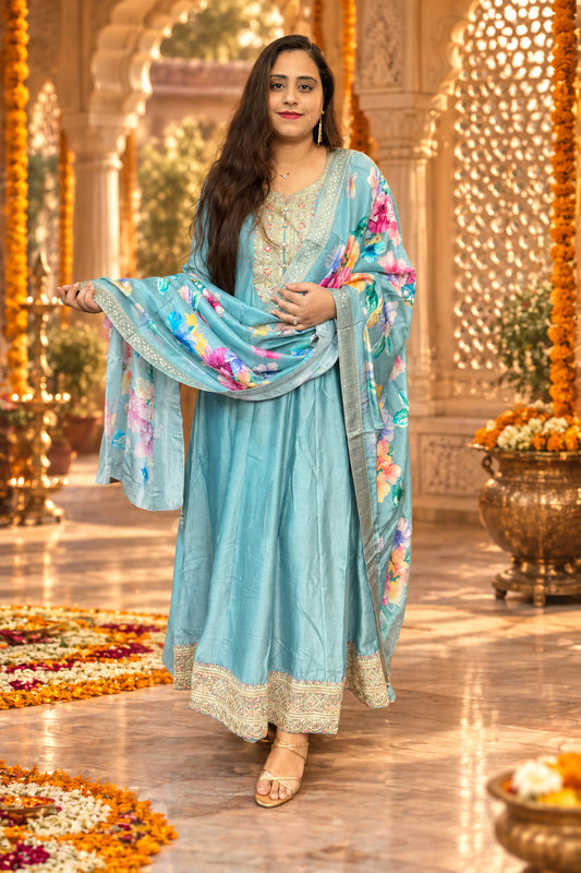 Powder Blue Silk Gown With Dupatta