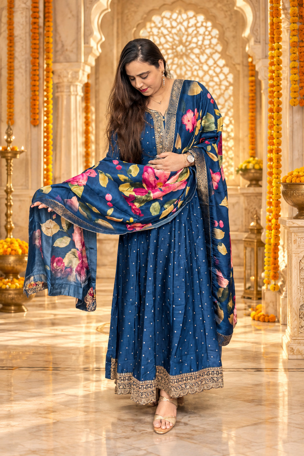 Blue Silk Gown With Dupatta