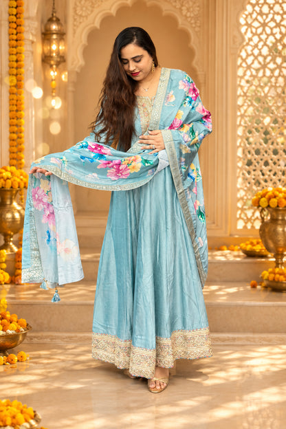 Powder Blue Silk Gown With Dupatta