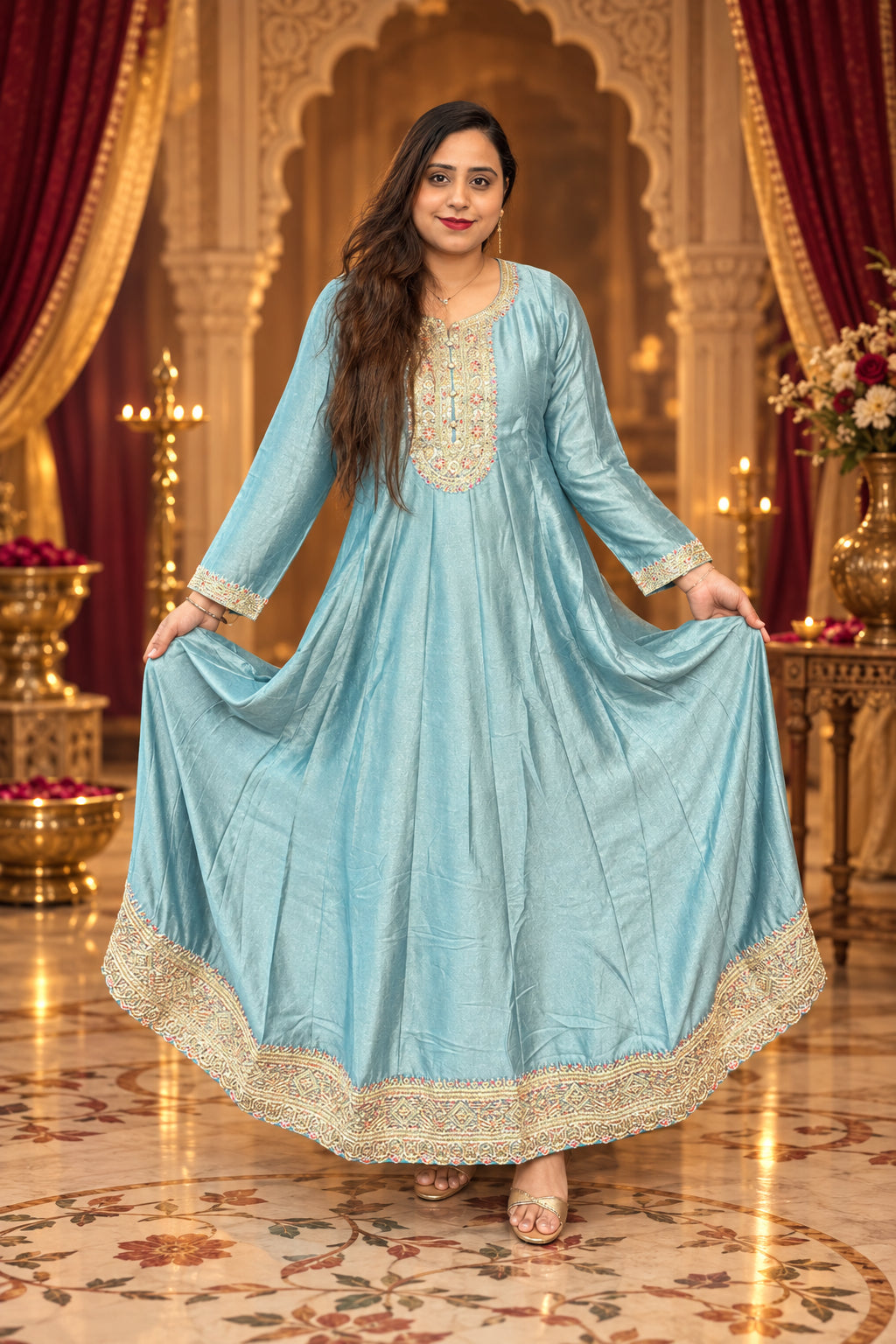 Powder Blue Silk Gown With Dupatta