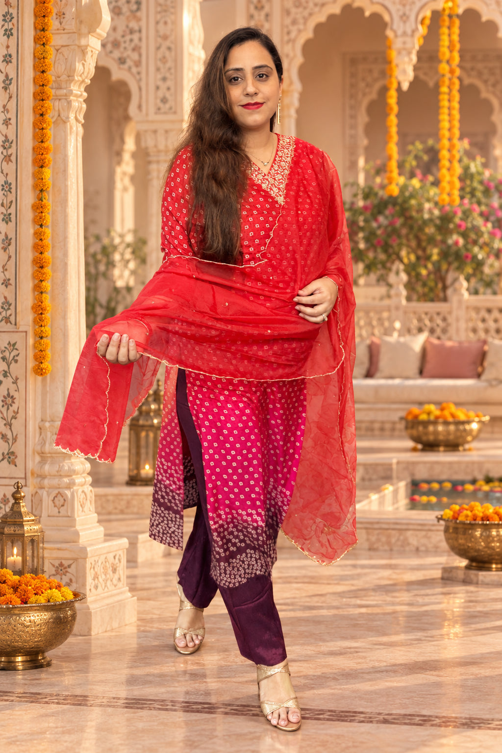 Crimson Red Suit Set With Organza Dupatta