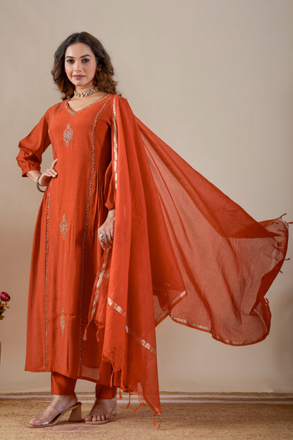 Rust Mul Chanderi Anarkali Suit with Hand Embroidery #1907