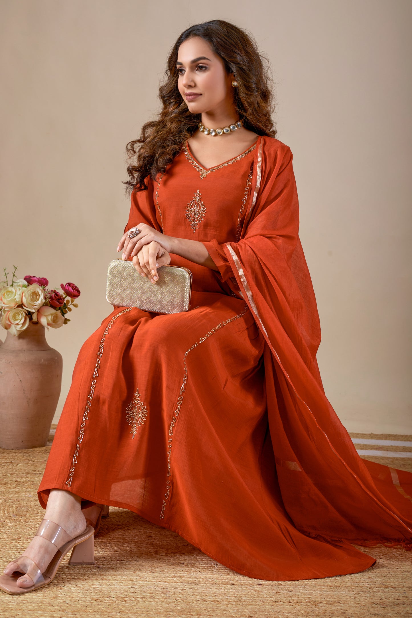 Rust Mul Chanderi Anarkali Suit with Hand Embroidery #1907