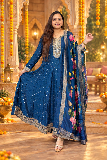 Blue Silk Gown With Dupatta