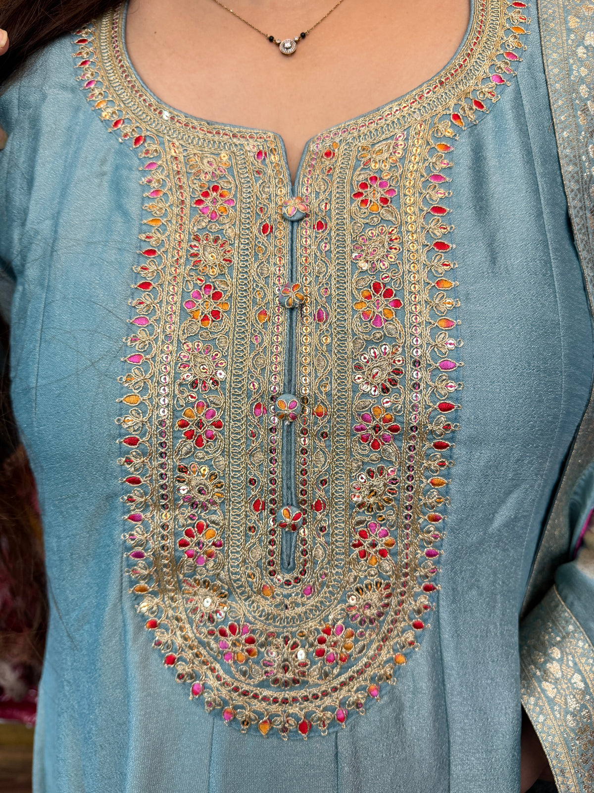 Powder Blue Silk Gown With Dupatta