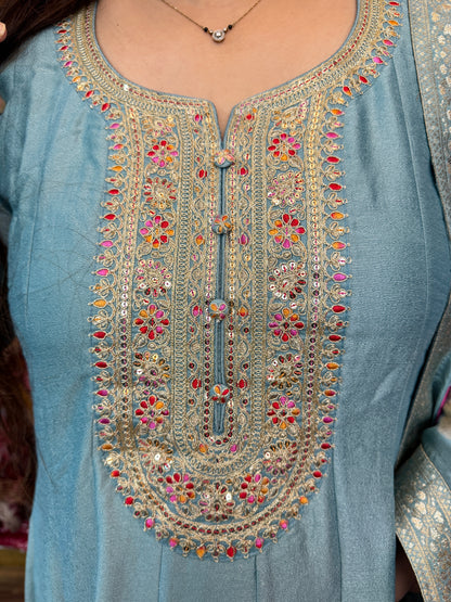 Powder Blue Silk Gown With Dupatta