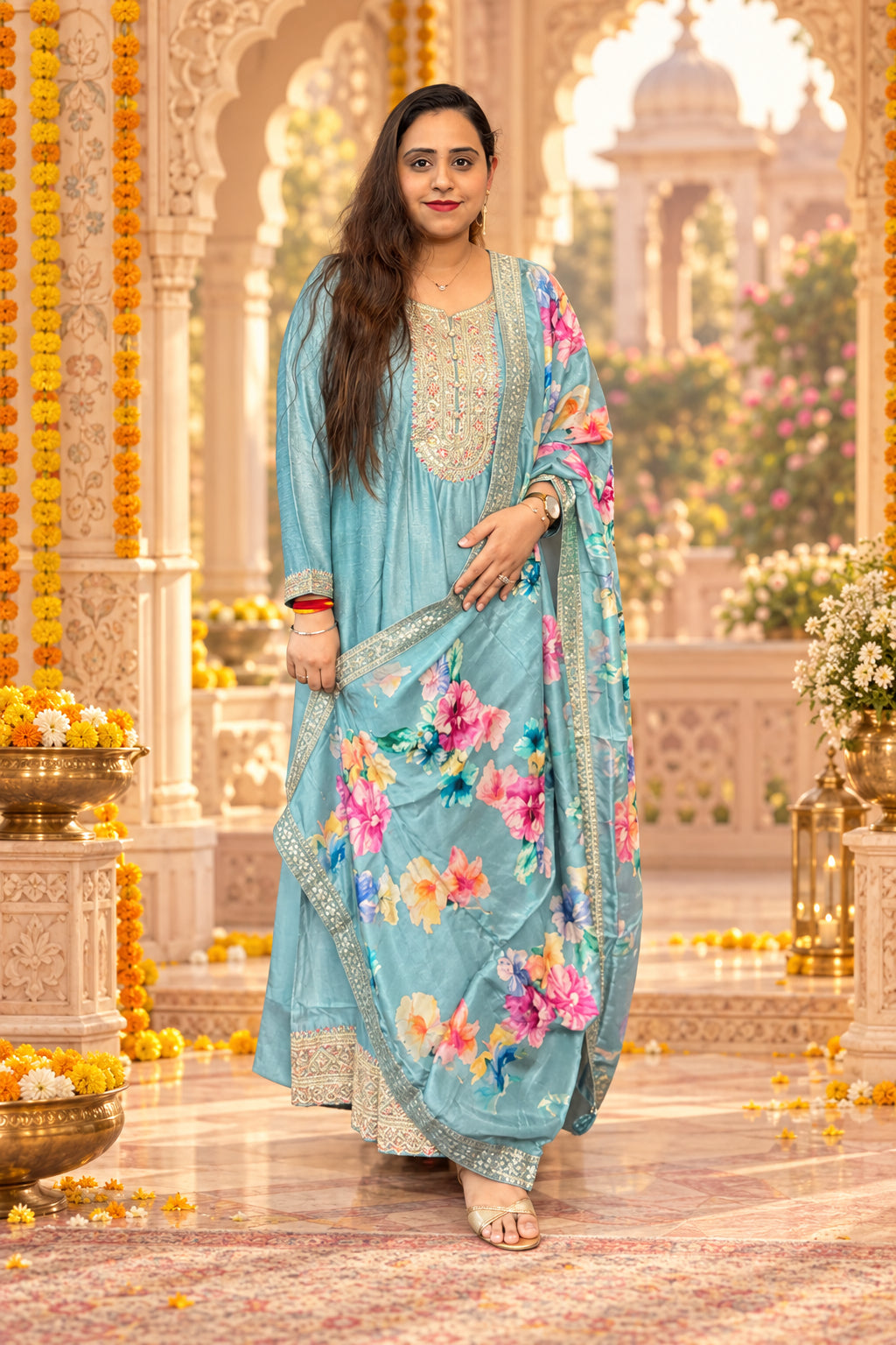 Powder Blue Silk Gown With Dupatta