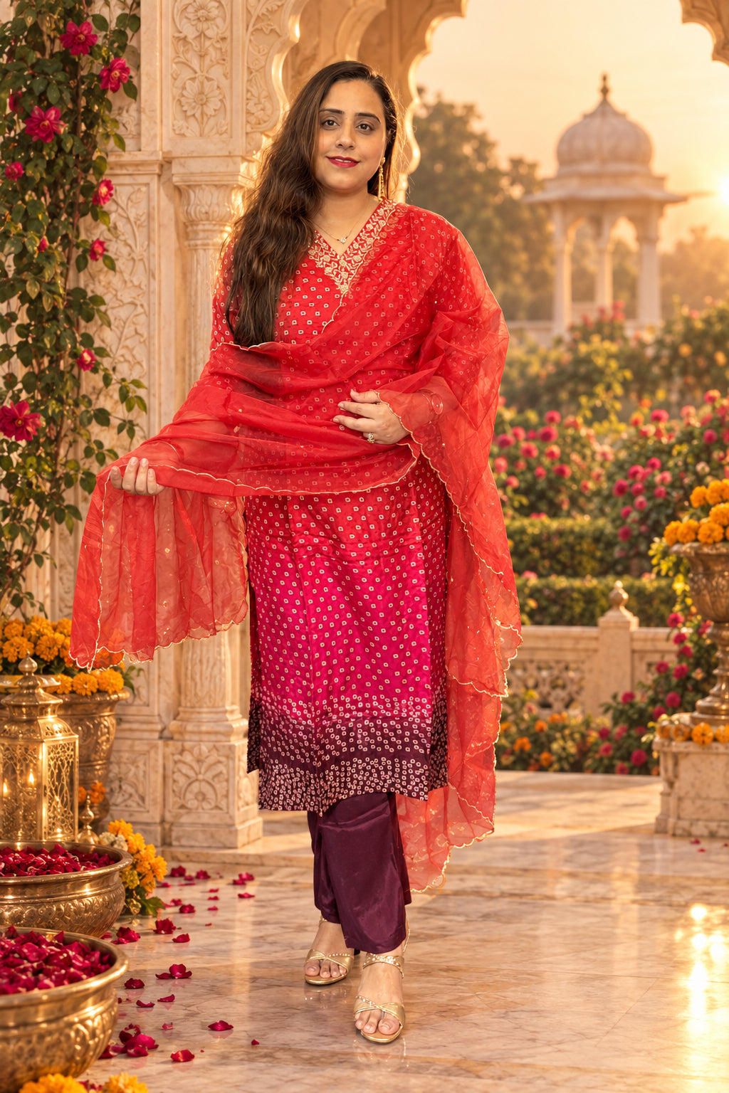 Crimson Red Suit Set With Organza Dupatta
