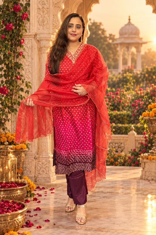 Crimson Red Suit Set With Organza Dupatta
