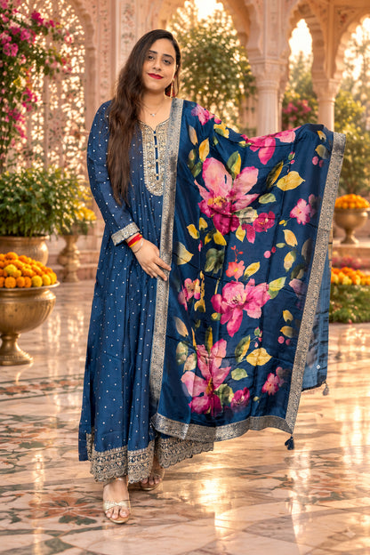Blue Silk Gown With Dupatta