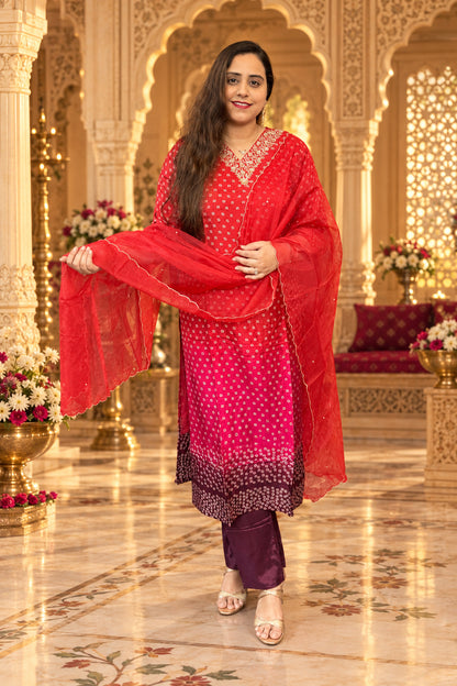 Crimson Red Suit Set With Organza Dupatta