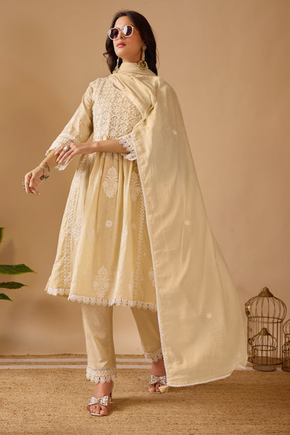 Chikankari Dobby Mal Cotton Suit Set - Soft Beige
