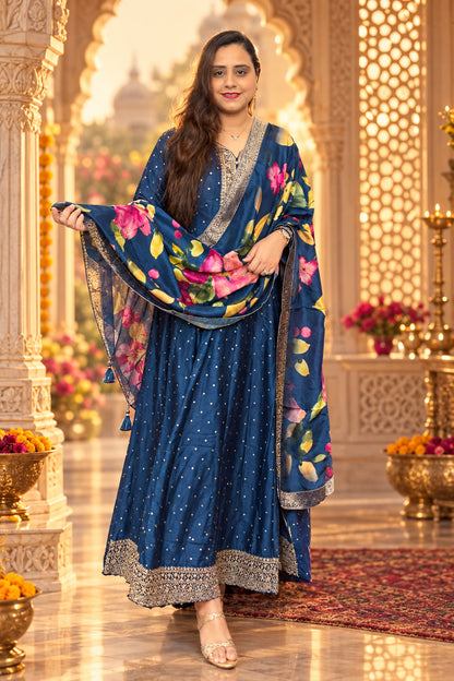 Blue Silk Gown With Dupatta