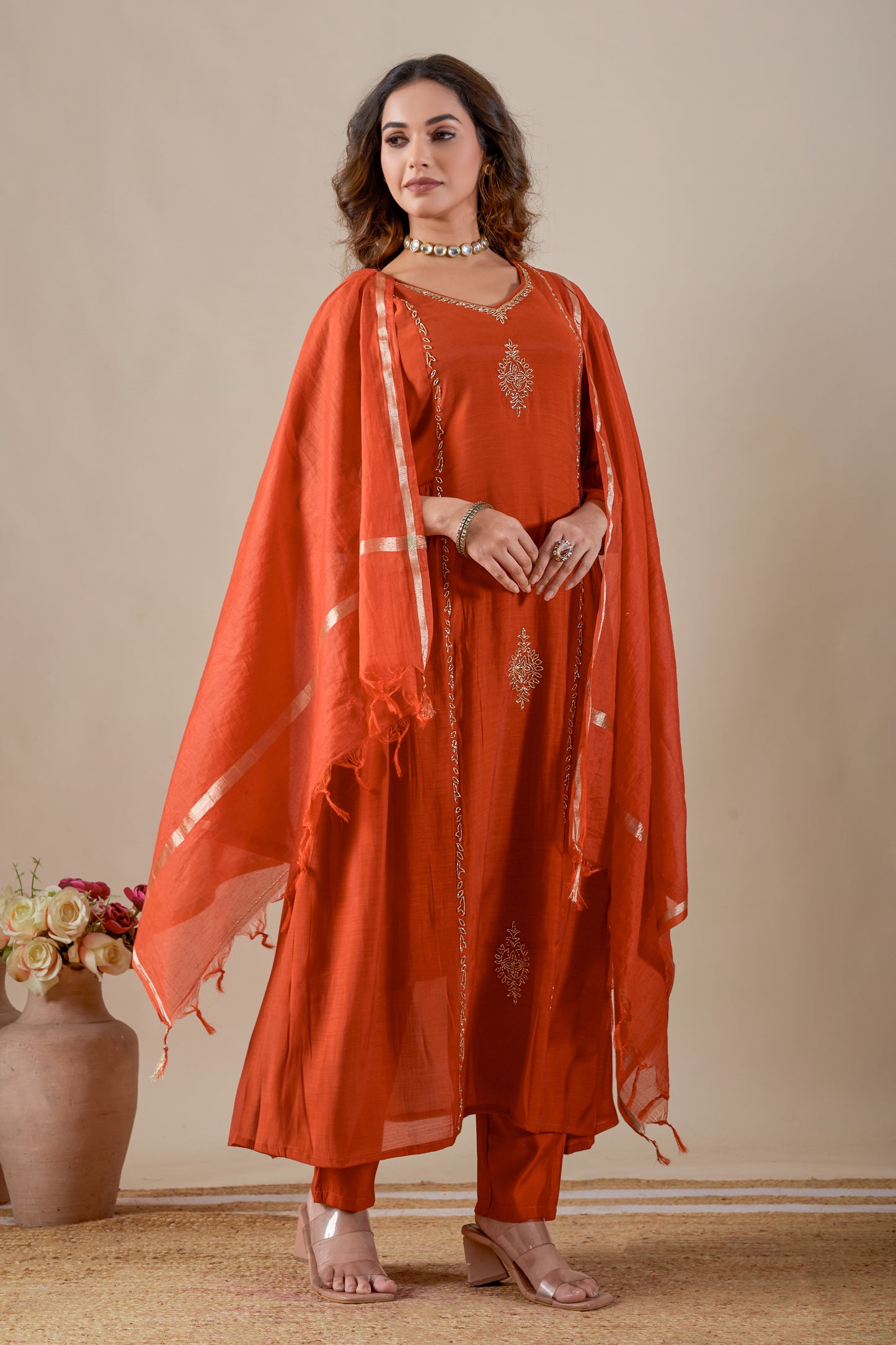 Rust Mul Chanderi Anarkali Suit with Hand Embroidery #1907