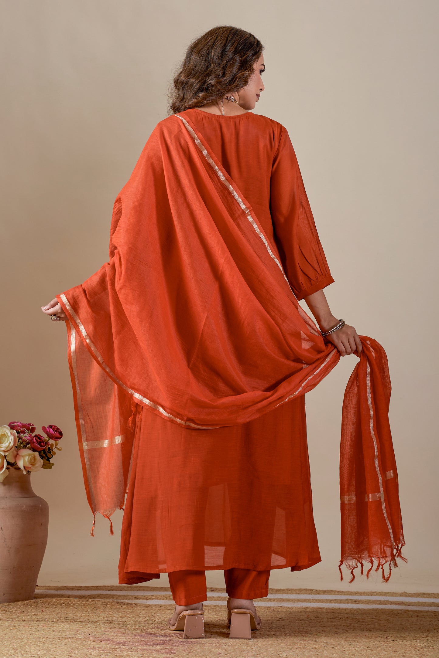 Rust Mul Chanderi Anarkali Suit with Hand Embroidery #1907