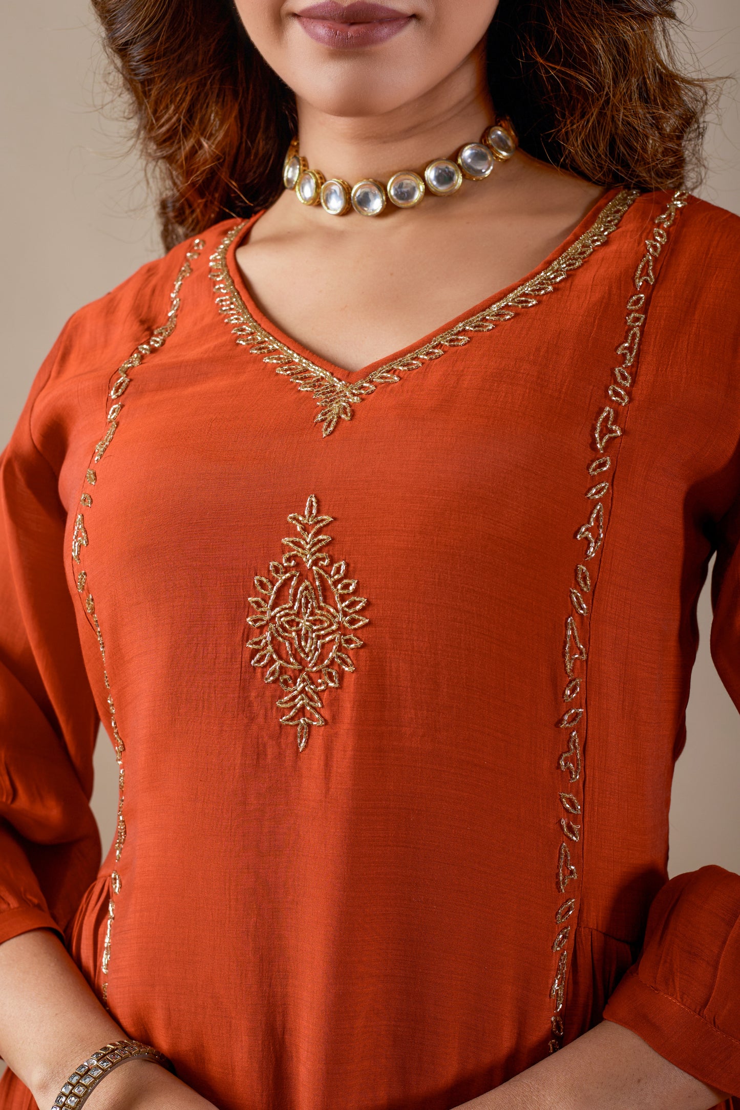 Rust Mul Chanderi Anarkali Suit with Hand Embroidery #1907