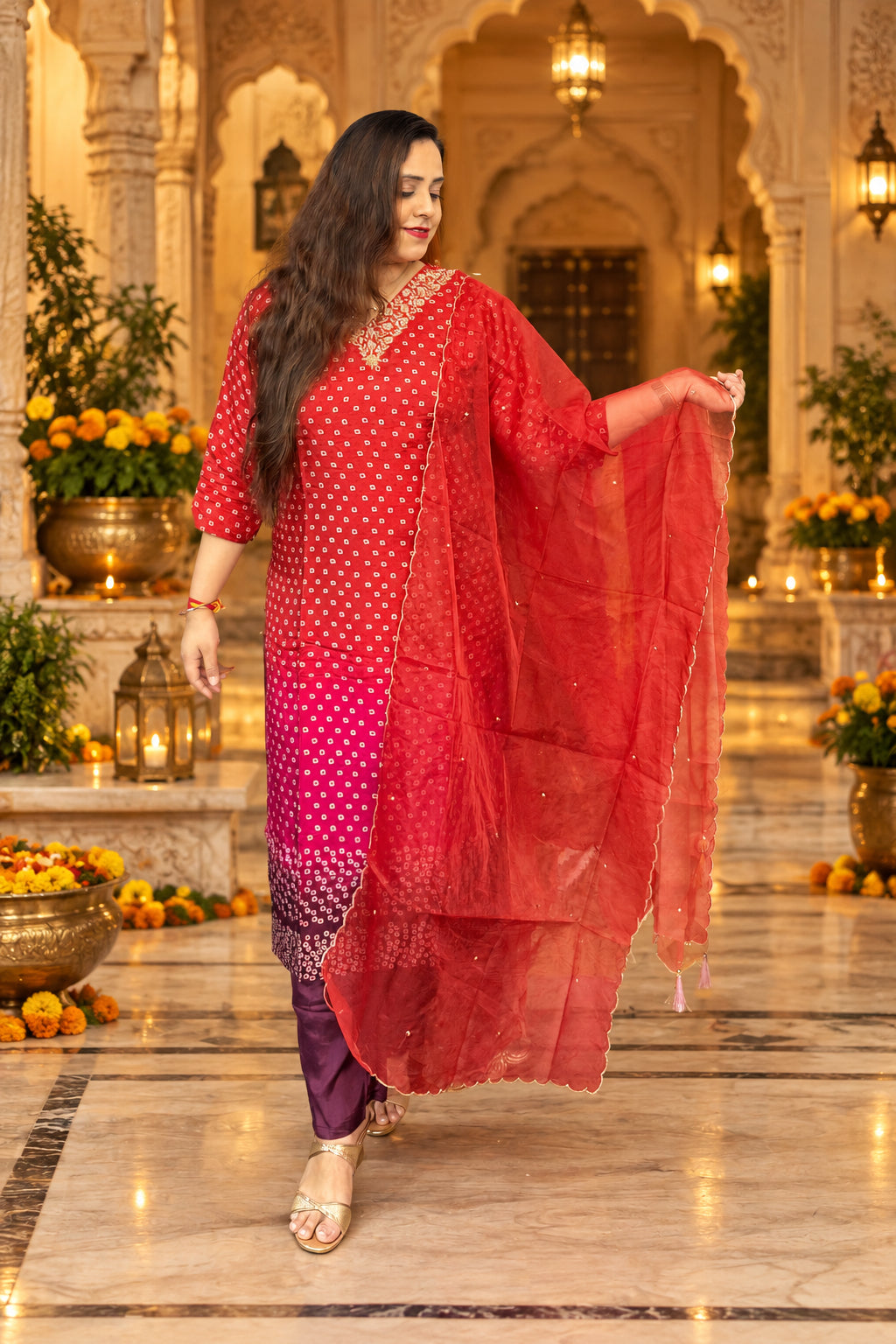 Crimson Red Suit Set With Organza Dupatta