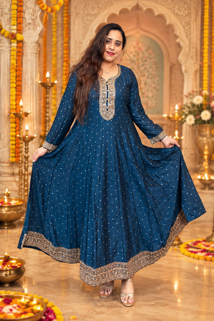 Blue Silk Gown With Dupatta