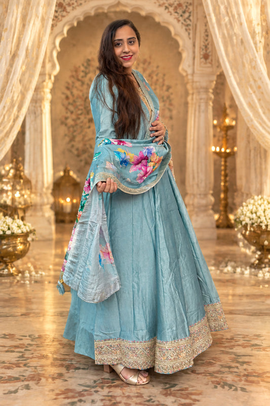 Powder Blue Silk Gown With Dupatta