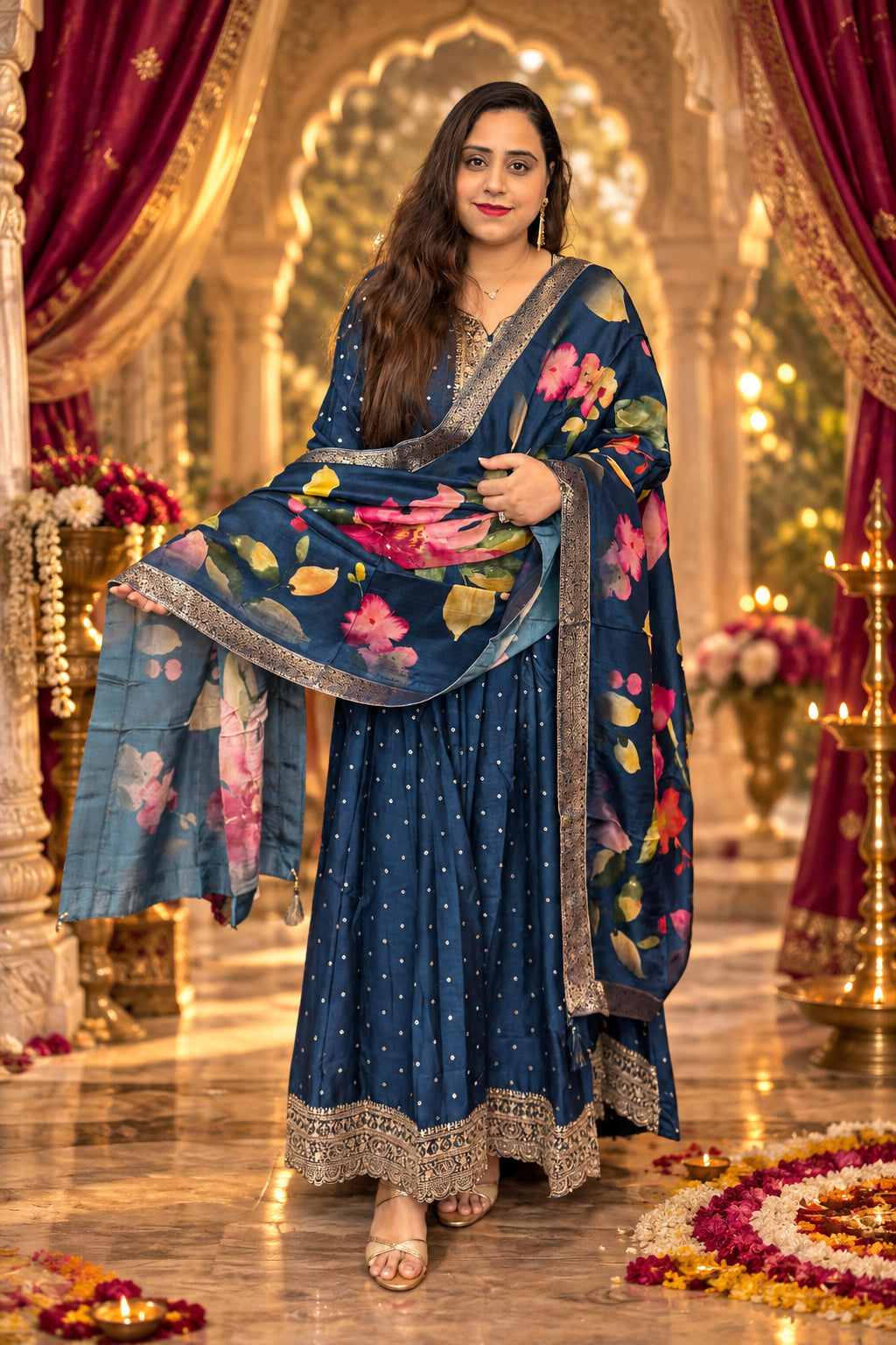 Blue Silk Gown With Dupatta