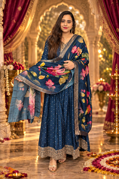 Blue Silk Gown With Dupatta