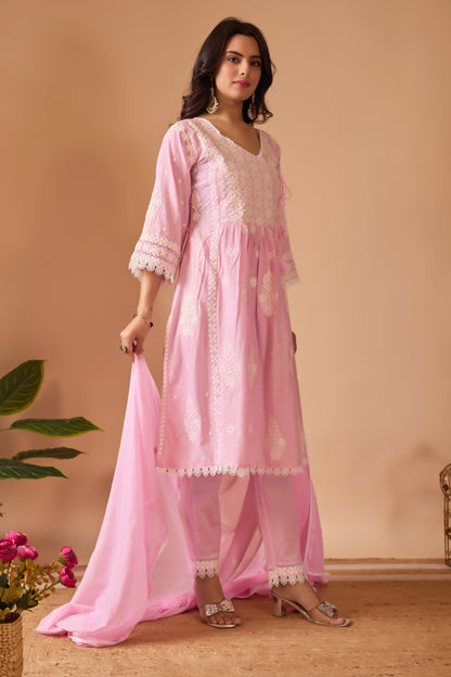 Chikankari Dobby Mal Cotton Suit Set – Blush Pink