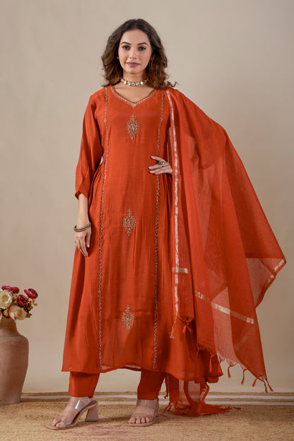 Rust Mul Chanderi Anarkali Suit with Hand Embroidery #1907