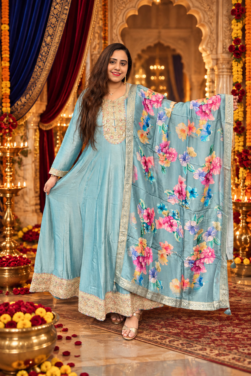 Powder Blue Silk Gown With Dupatta